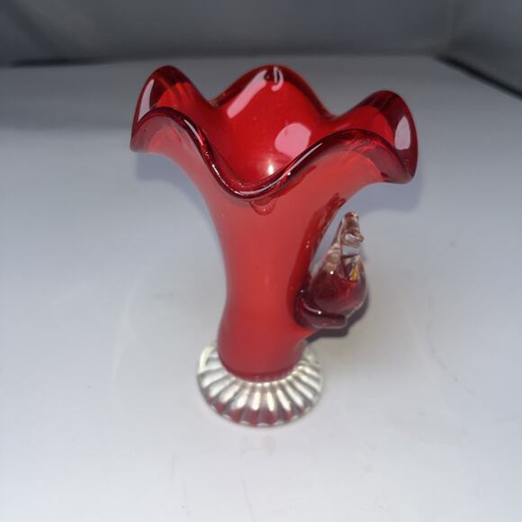 Vintage Blown Art Glass Vase Ruffled Edge w/ Applied Glass Bird 4.5" Murano - Picture 4 of 7